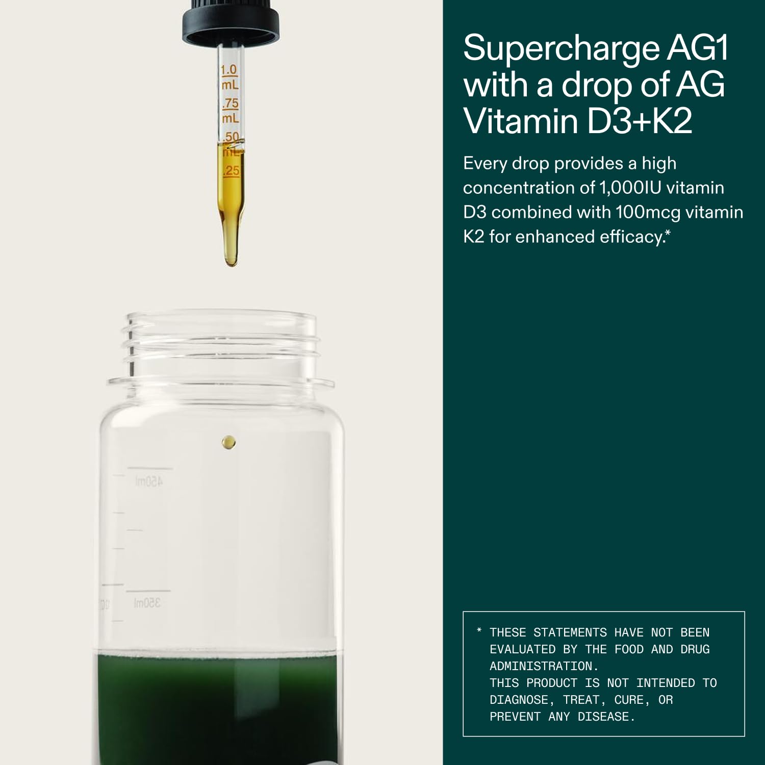 Pouring action demonstrates simple daily use of AG1 D3+K2 drops.