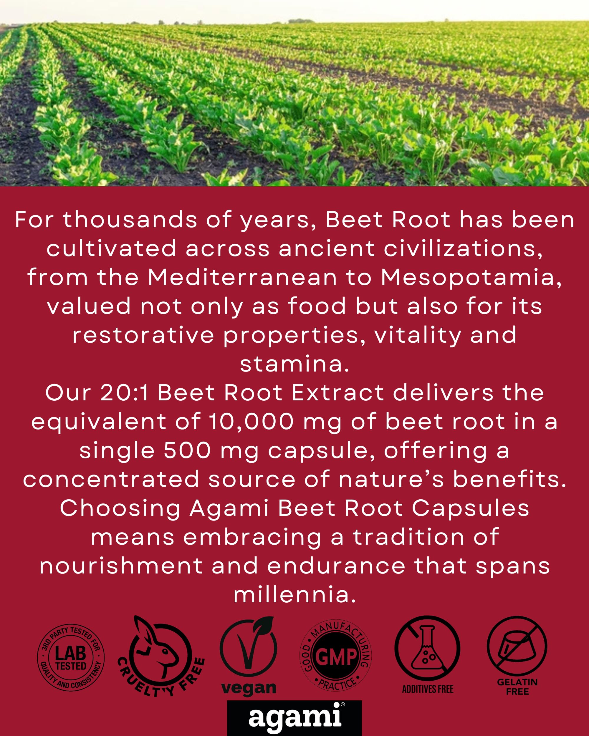 Nutrition info card for Agami Beet Root Capsules showing 10,000 mg per serving