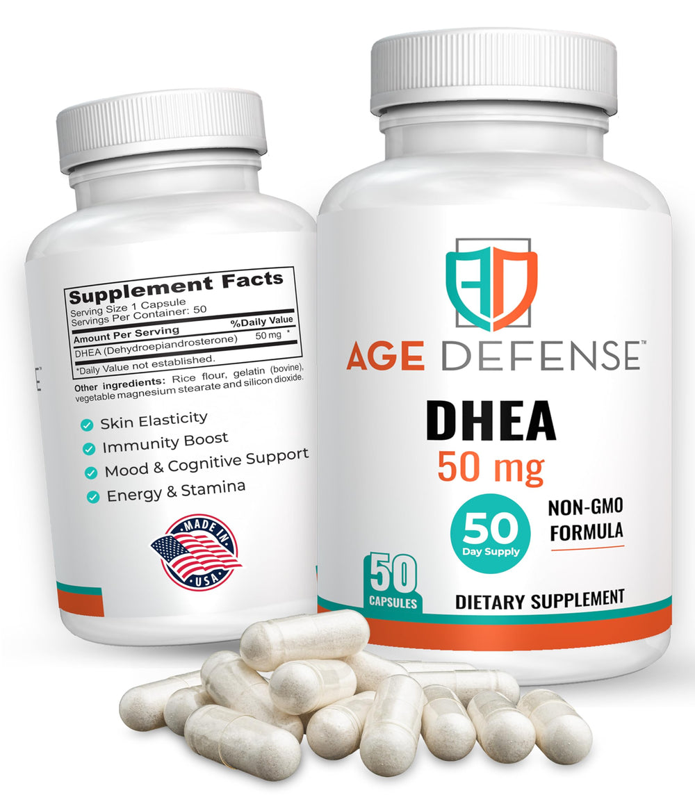 Age Defense DHEA capsules bottle image highlighting energy support.