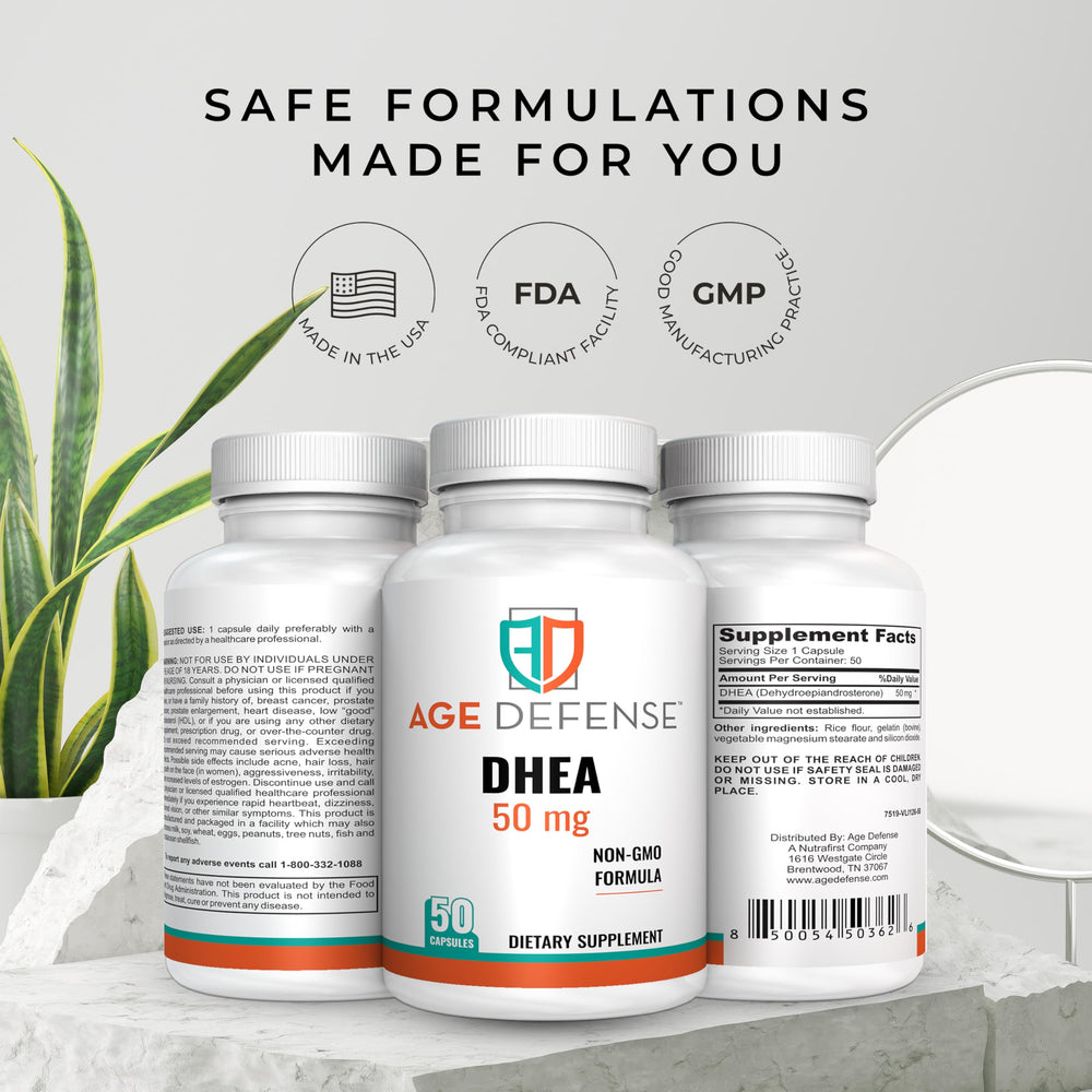 Age Defense DHEA capsules beside a glass for a daily ritual.