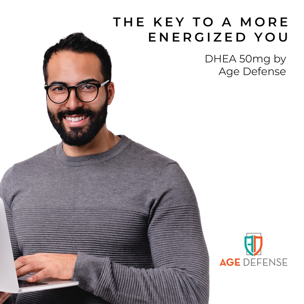 Age Defense DHEA label detail emphasizing 50 mg blend for wellness.