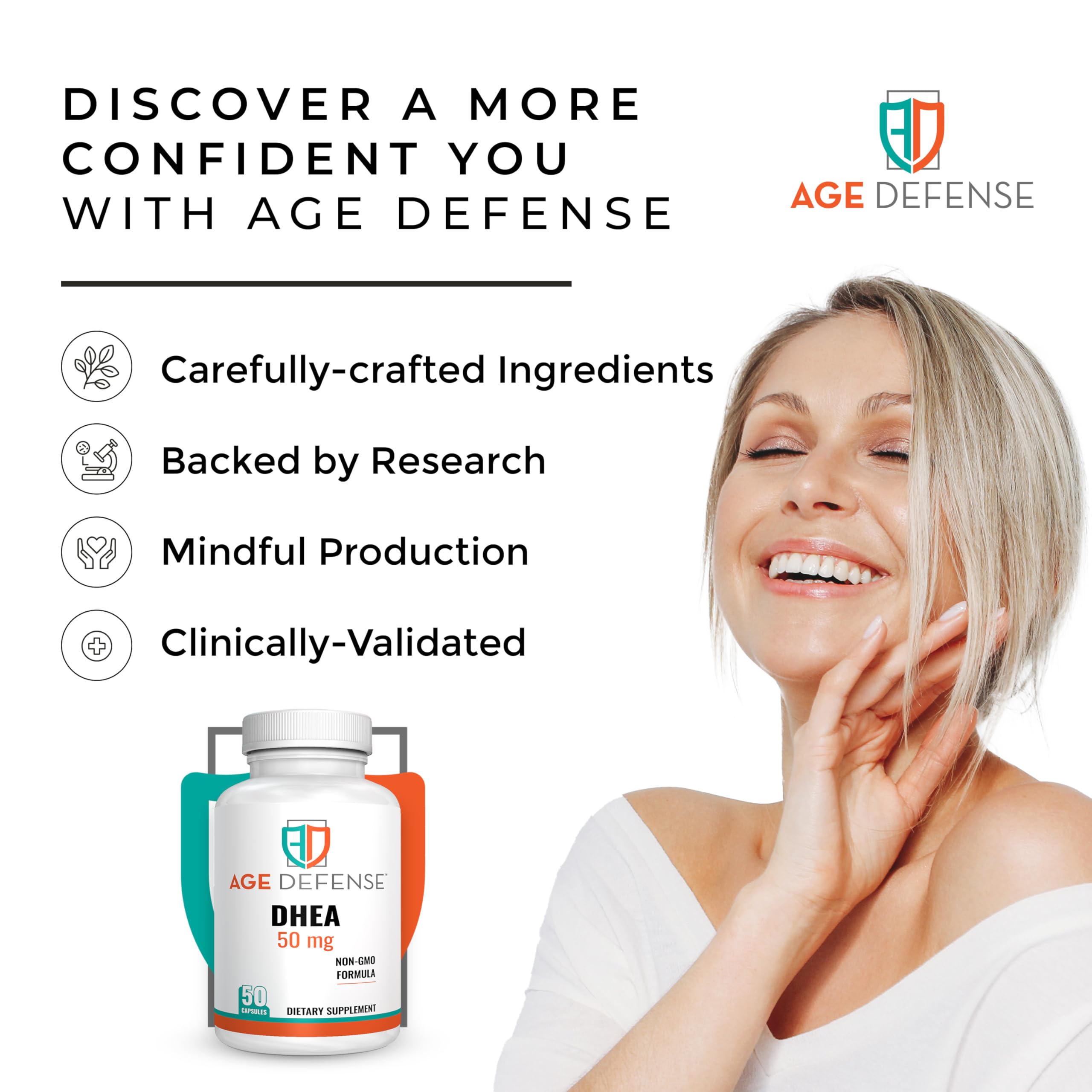 Age Defense DHEA capsules shown with men and women for versatility.