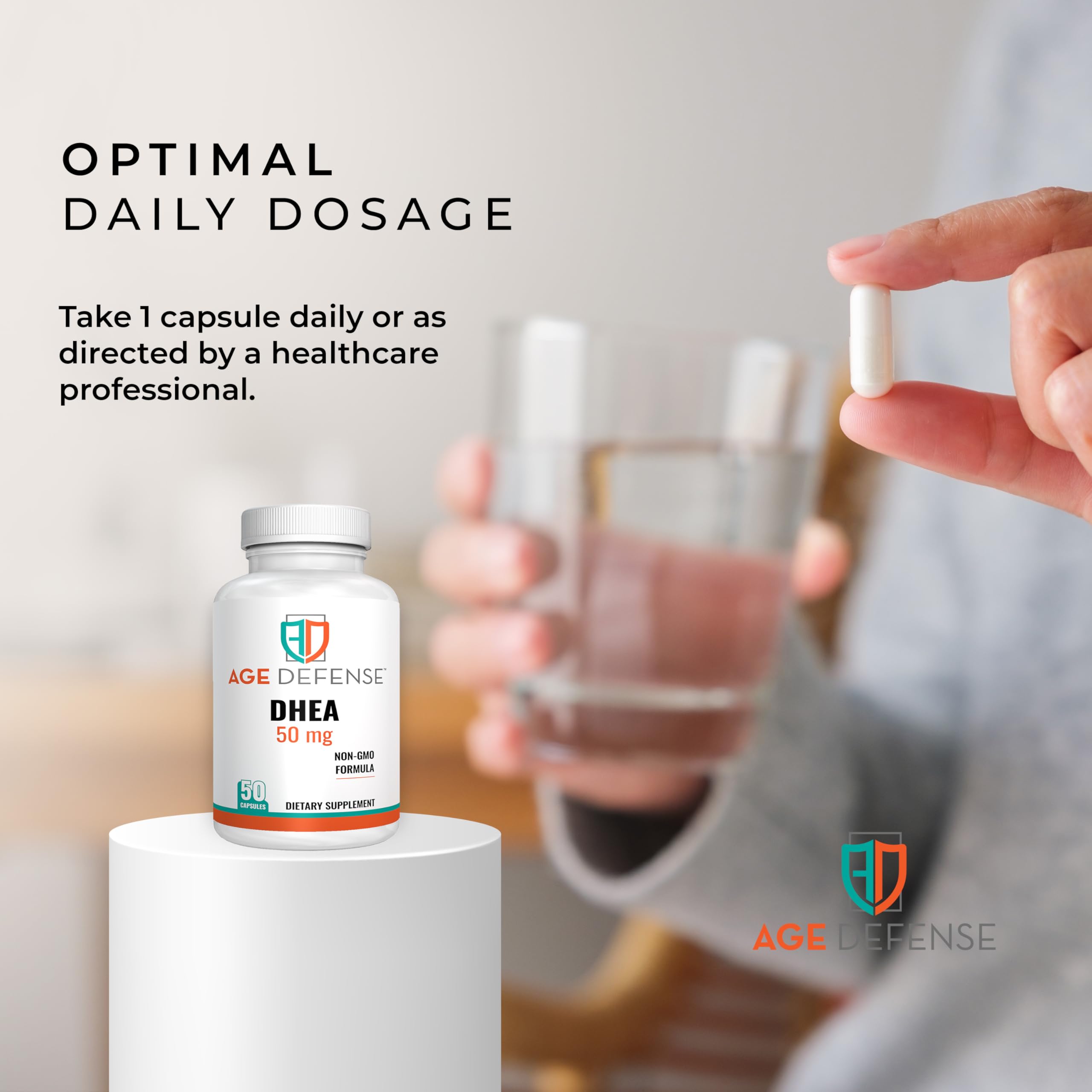 Age Defense DHEA capsules in a morning routine for energy.