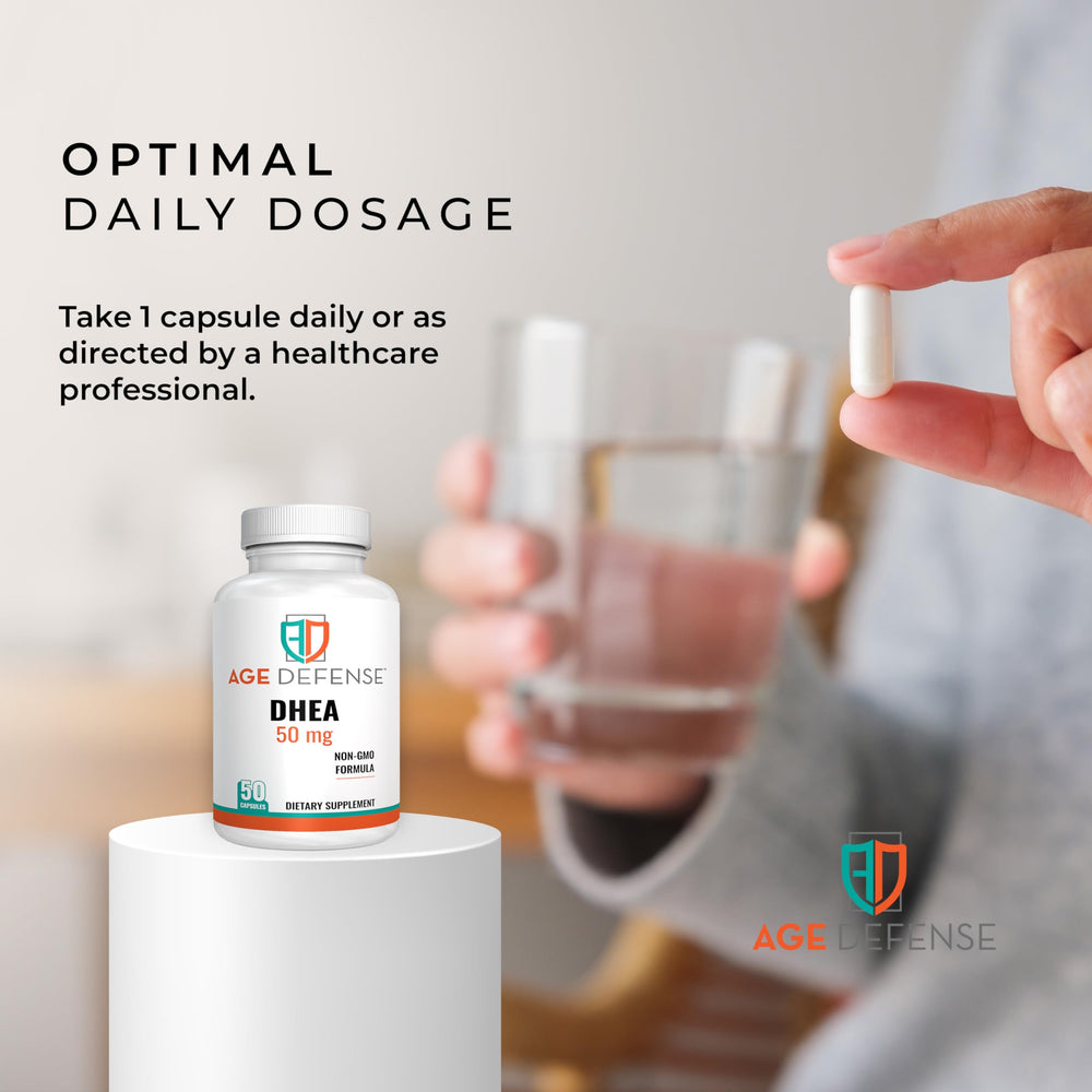 Age Defense DHEA capsules in a morning routine for energy.
