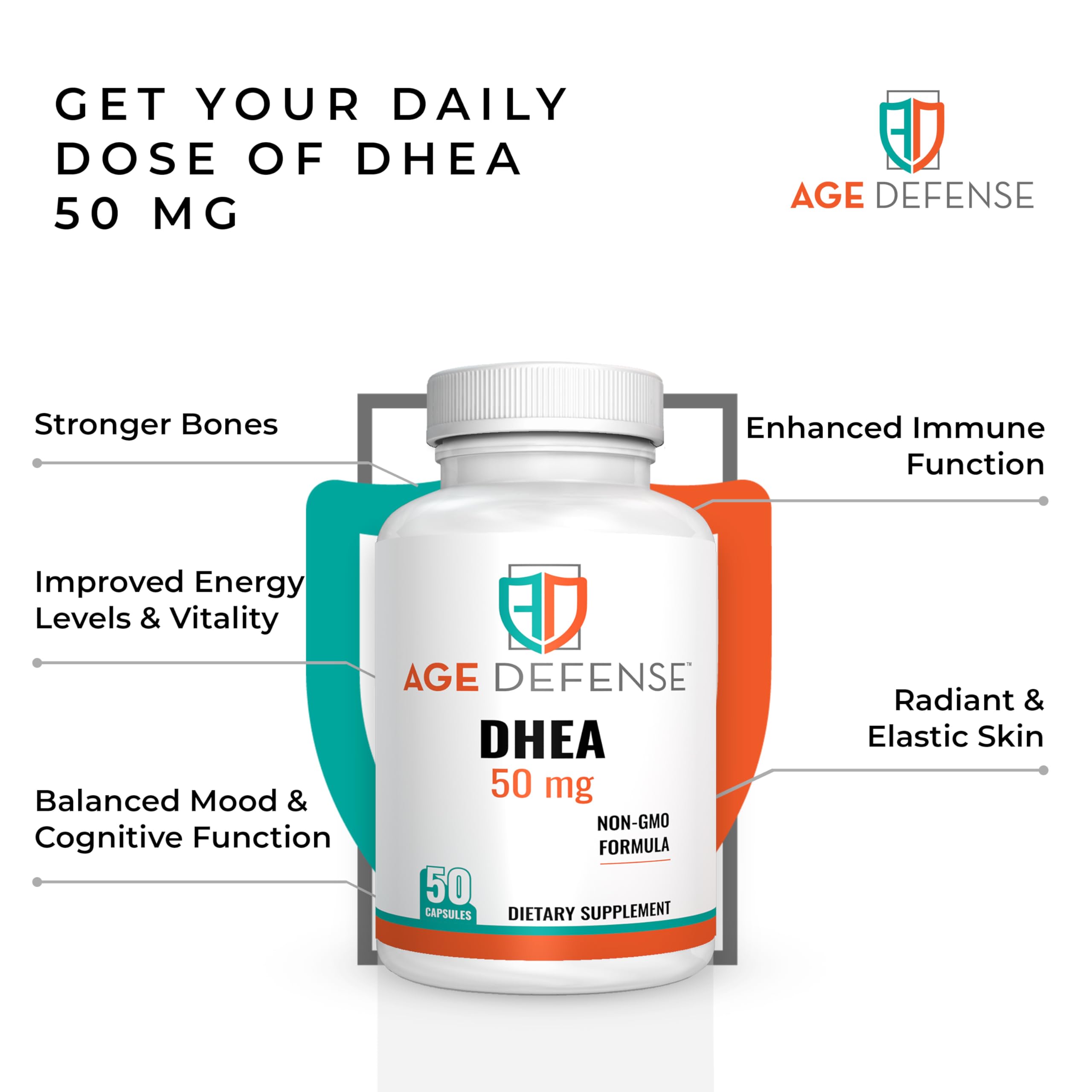 Front packaging of Age Defense DHEA capsules on a clean surface signaling daily energy.