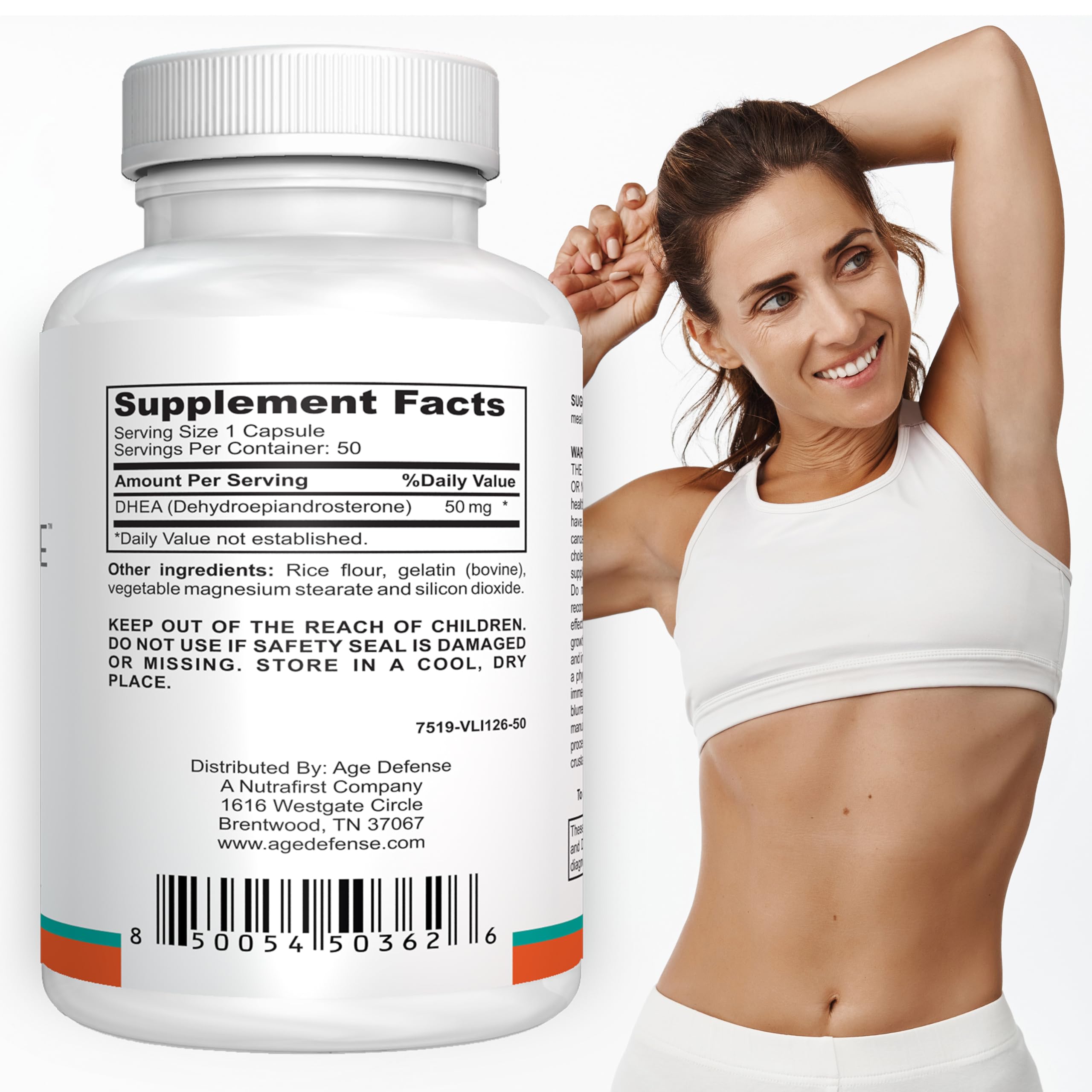 Closeup of Age Defense DHEA capsules showing smooth texture for daily energy.