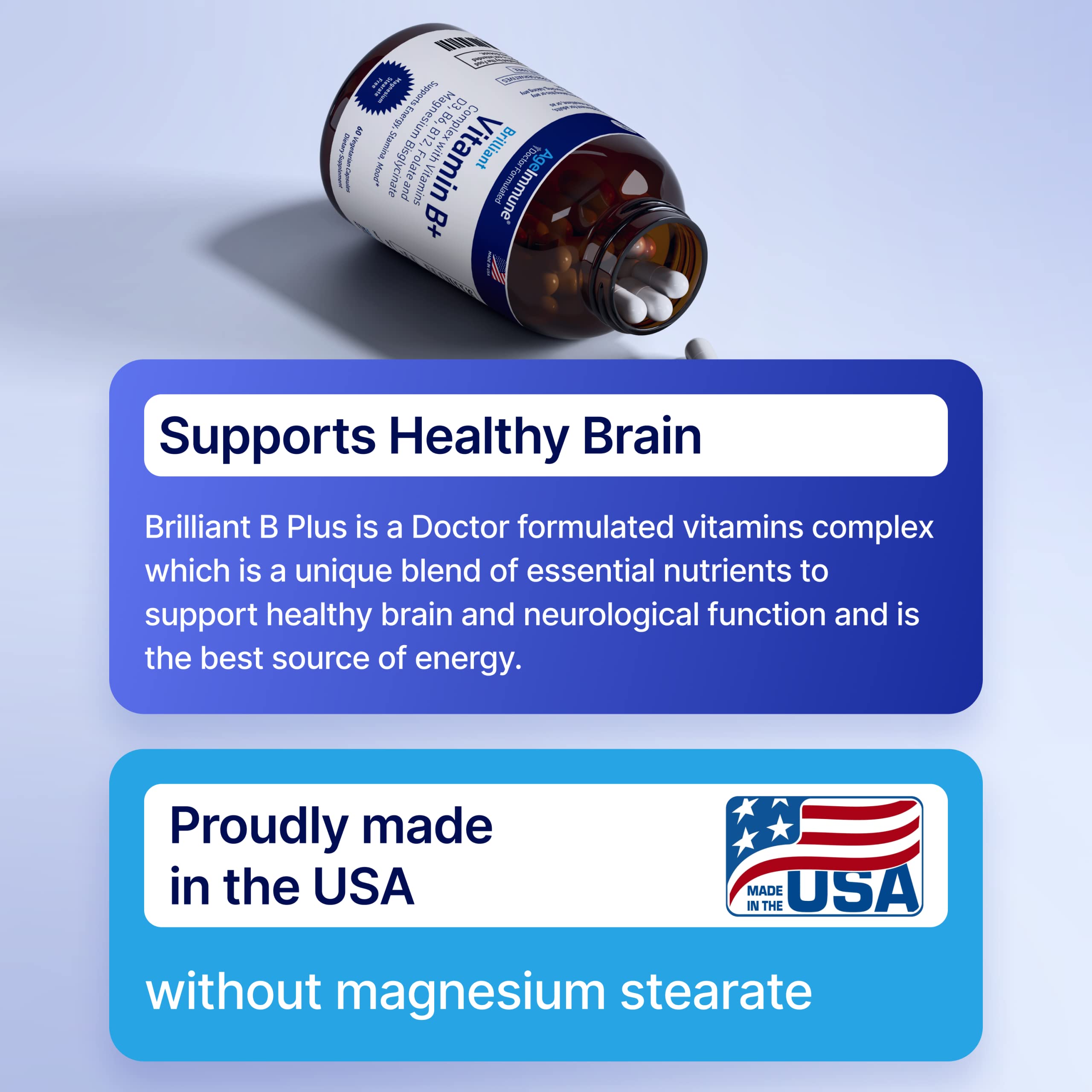 AgeImmune bottle emphasizes Metafolin L-5-MTHF folate for methylation-friendly B vitamins.