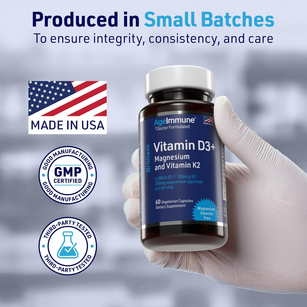 AgeImmune Brilliant D3+ Complex ingredients table highlighting D3, K2, and magnesium synergy