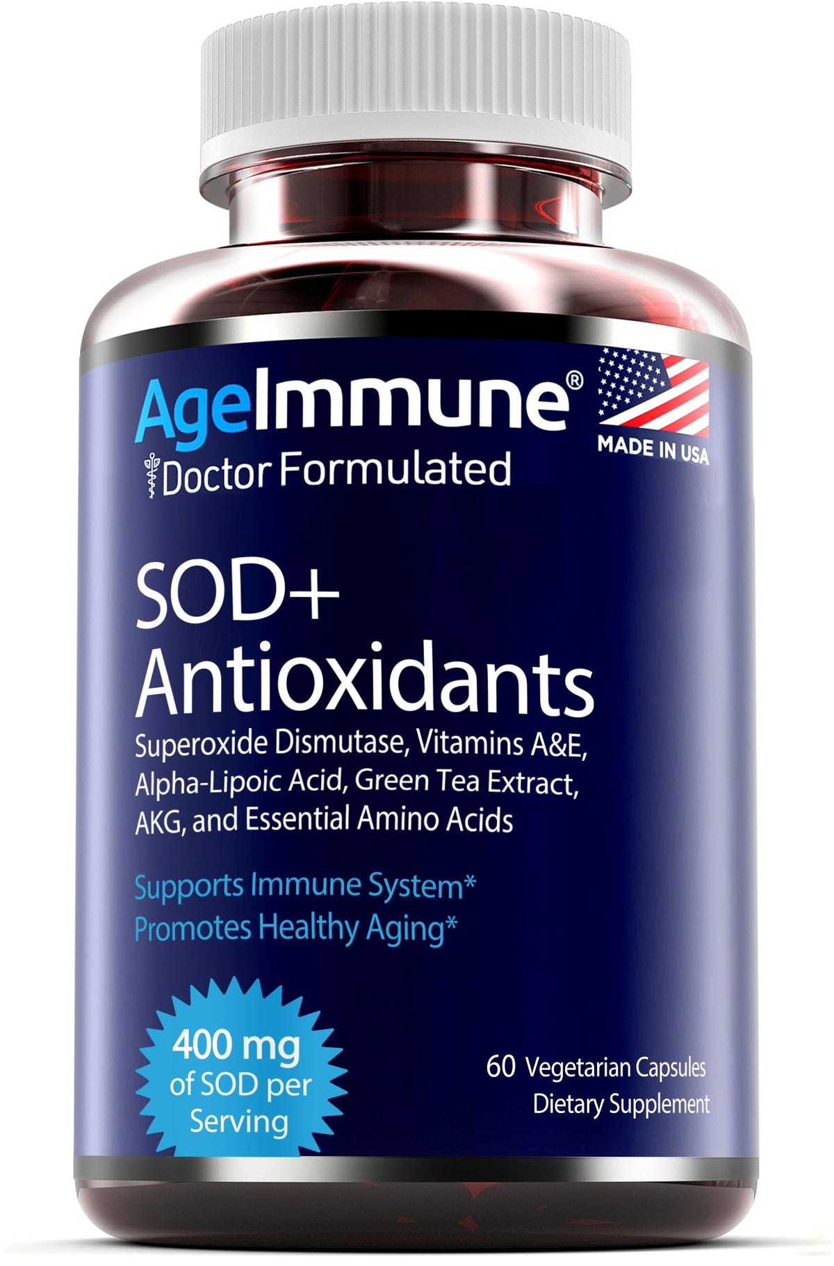 AgeImmune SOD Antioxidants Complex bottle-front highlighting antioxidant support and premium branding