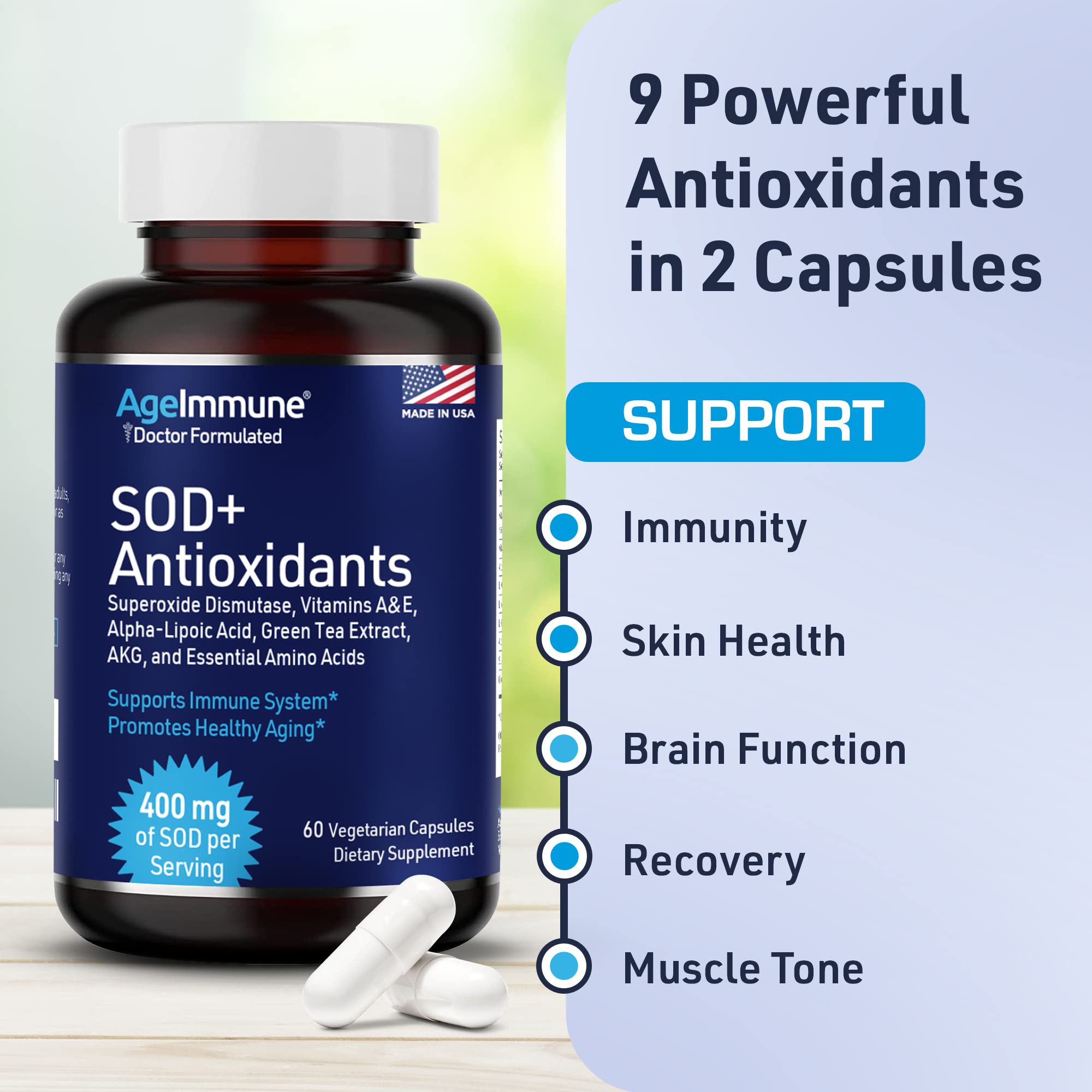 AgeImmune SOD Antioxidants Complex box-packaging conveys US-made quality
