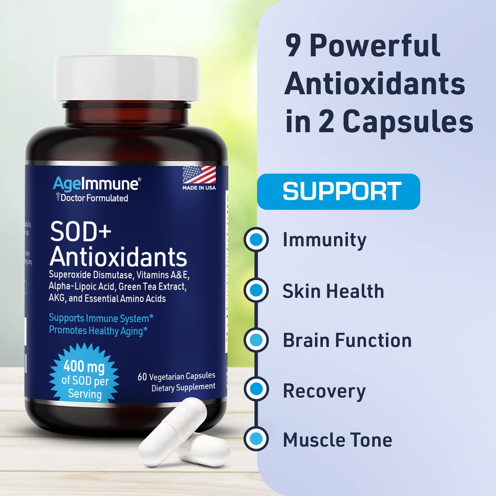 AgeImmune SOD Antioxidants Complex box-packaging conveys US-made quality