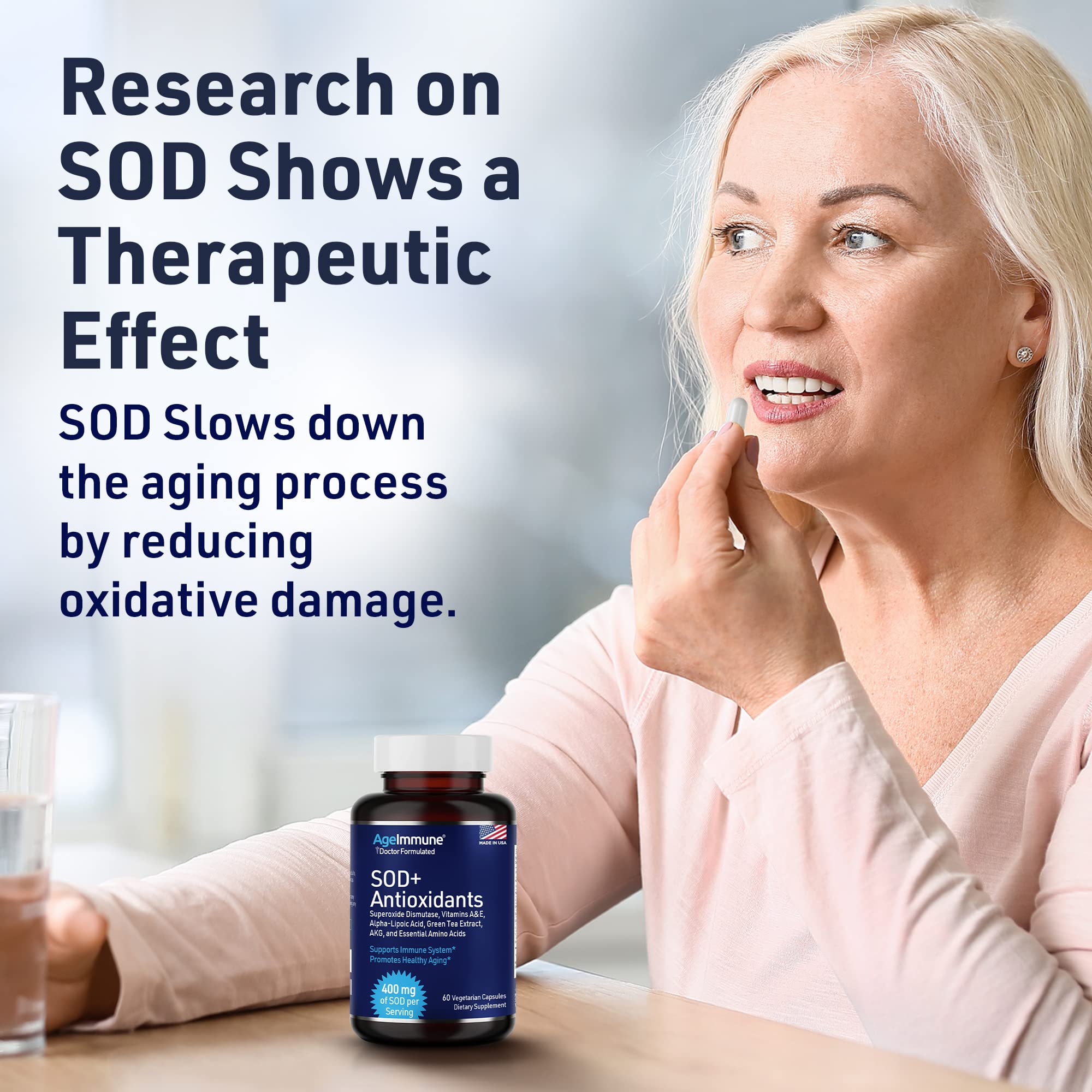 AgeImmune SOD Antioxidants Complex ingredient-panel highlights SOD, ALA, vitamins blend