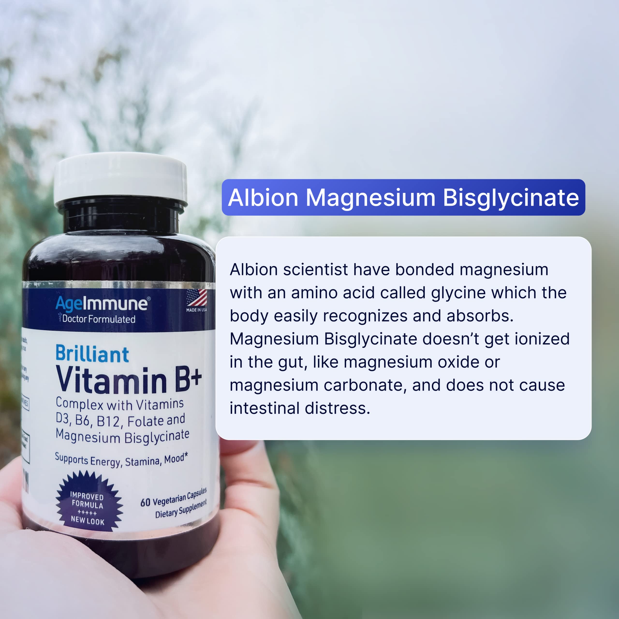 AgeImmune packaging promotes clear energy and focus with B vitamins.