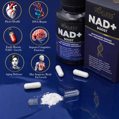 Ageless NAD+ bottle back label shows dosage for consistent focus