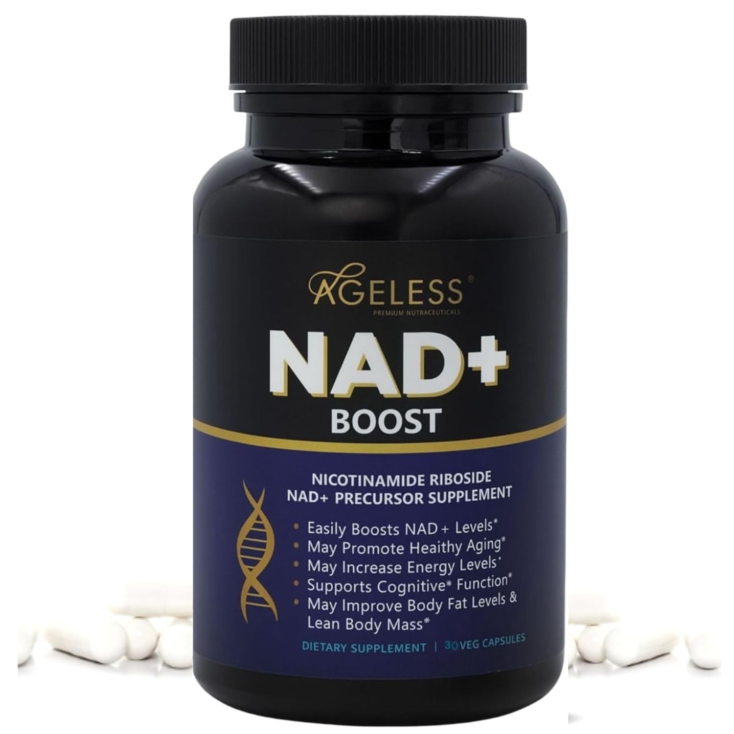 Ageless Foundation Labs NAD+ supplement bottle front view supports daily energy