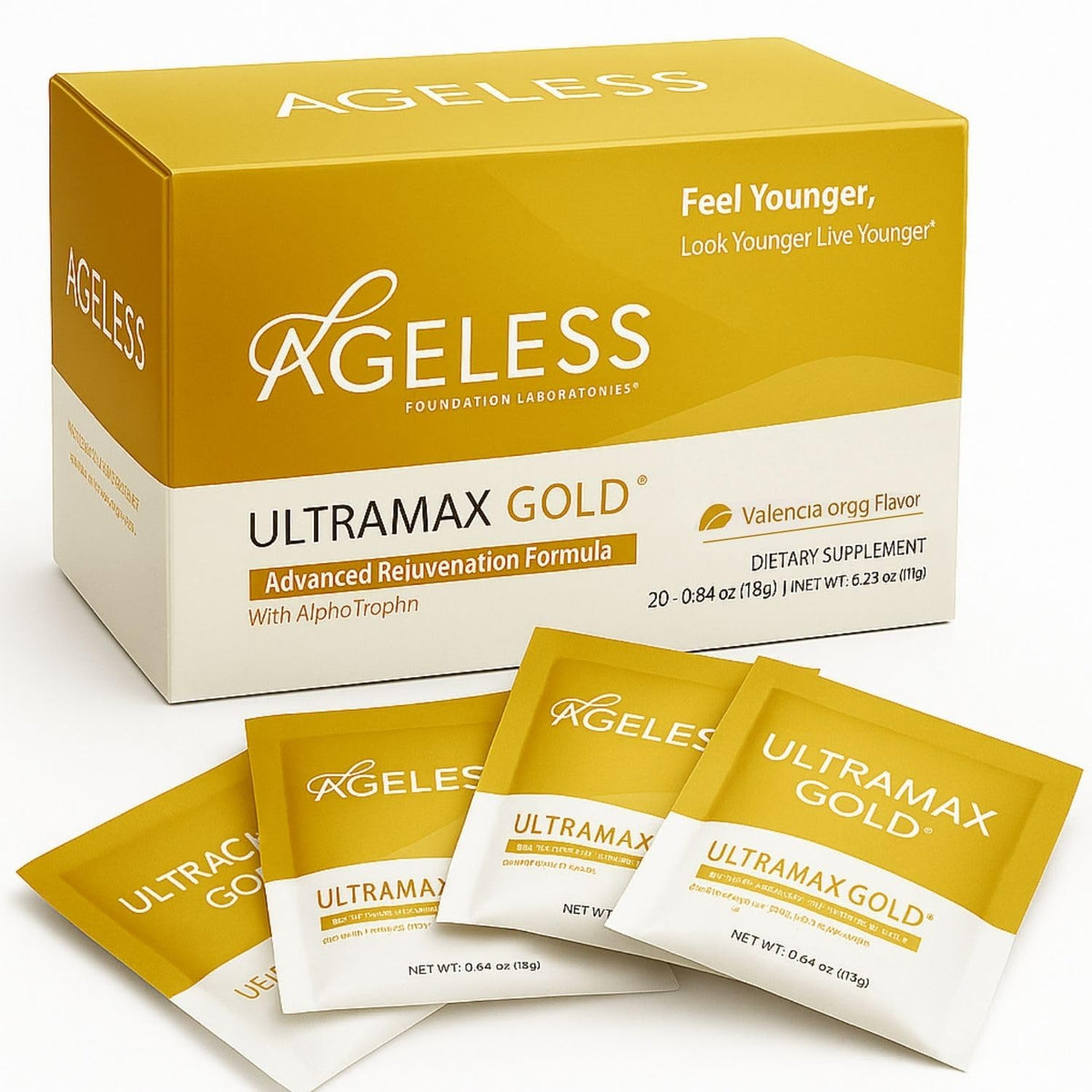 Ageless HGH orange powder 22-pack dissolves quickly for a refreshing morning energy boost.