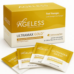 Ageless HGH orange powder 22-pack dissolves quickly for a refreshing morning energy boost.