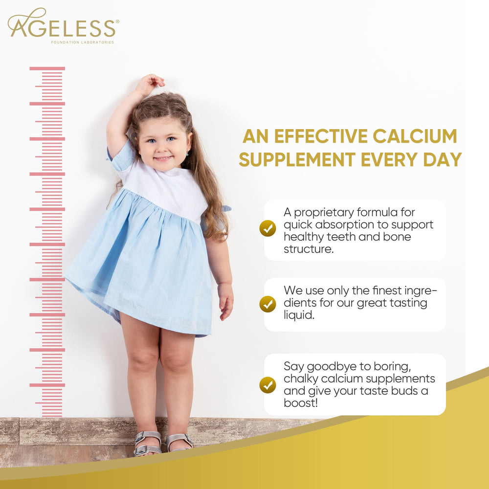 Ageless Kids liquid calcium ingredients include vitamin D, zinc, magnesium