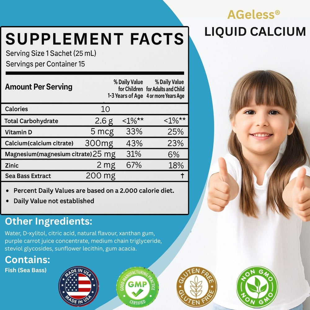 Ageless Kids label close-up shows gluten-free formula
