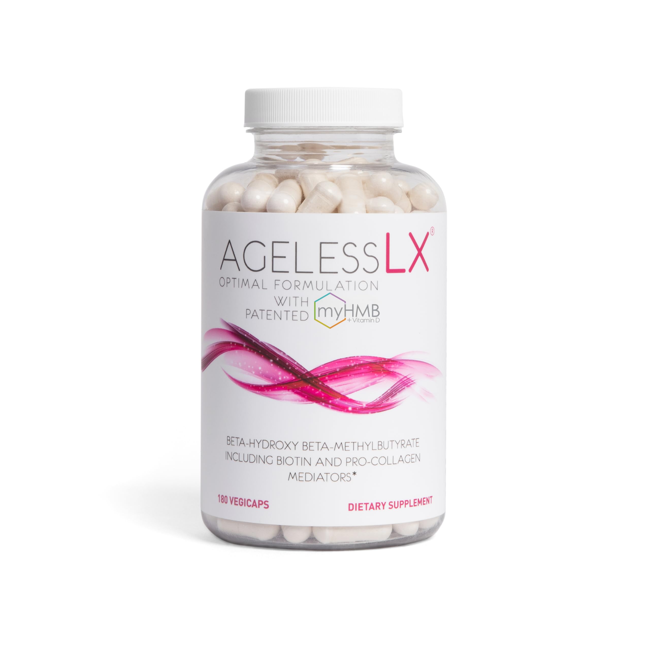 AgelessLX bottle and capsules show convenient daily collagen support for skin and hair.
