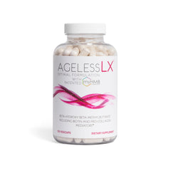 AgelessLX bottle and capsules show convenient daily collagen support for skin and hair.