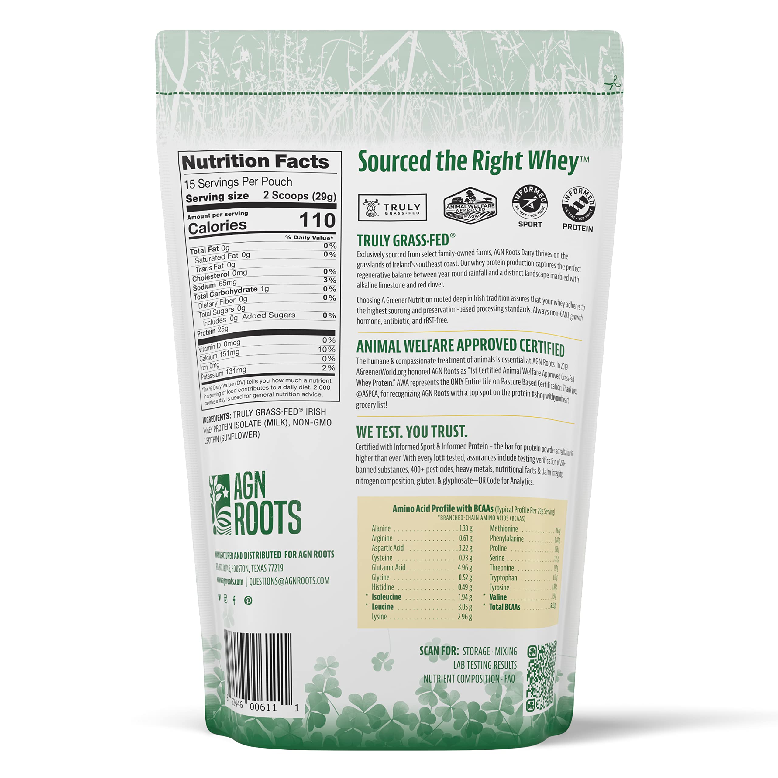 AGN Roots whey label showing ASPCA registered certification and ethical sourcing