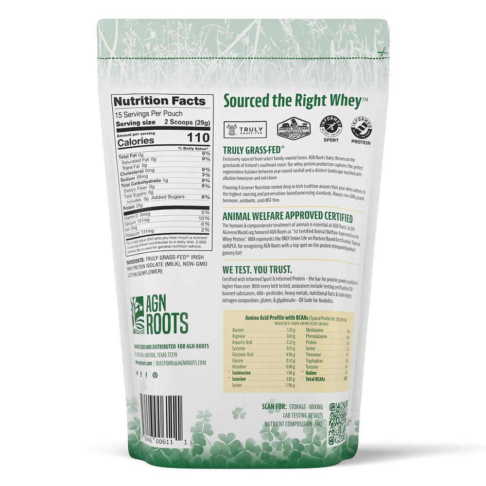 AGN Roots whey label showing ASPCA registered certification and ethical sourcing