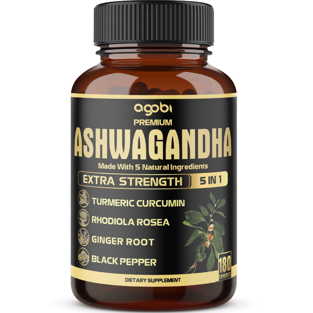 agobi 5in1 Ashwagandha bottle front – convenient vegan daily wellness for your routine