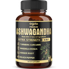 agobi 5in1 Ashwagandha bottle front – convenient vegan daily wellness for your routine
