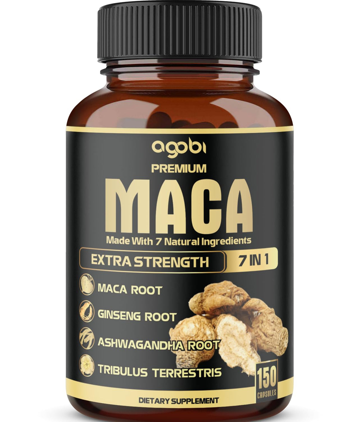 Agobi 7in1 maca root capsules bottle for daily energy support.