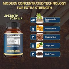 Agobi Ashwagandha extract capsules bottle back with supplement details for informed use.