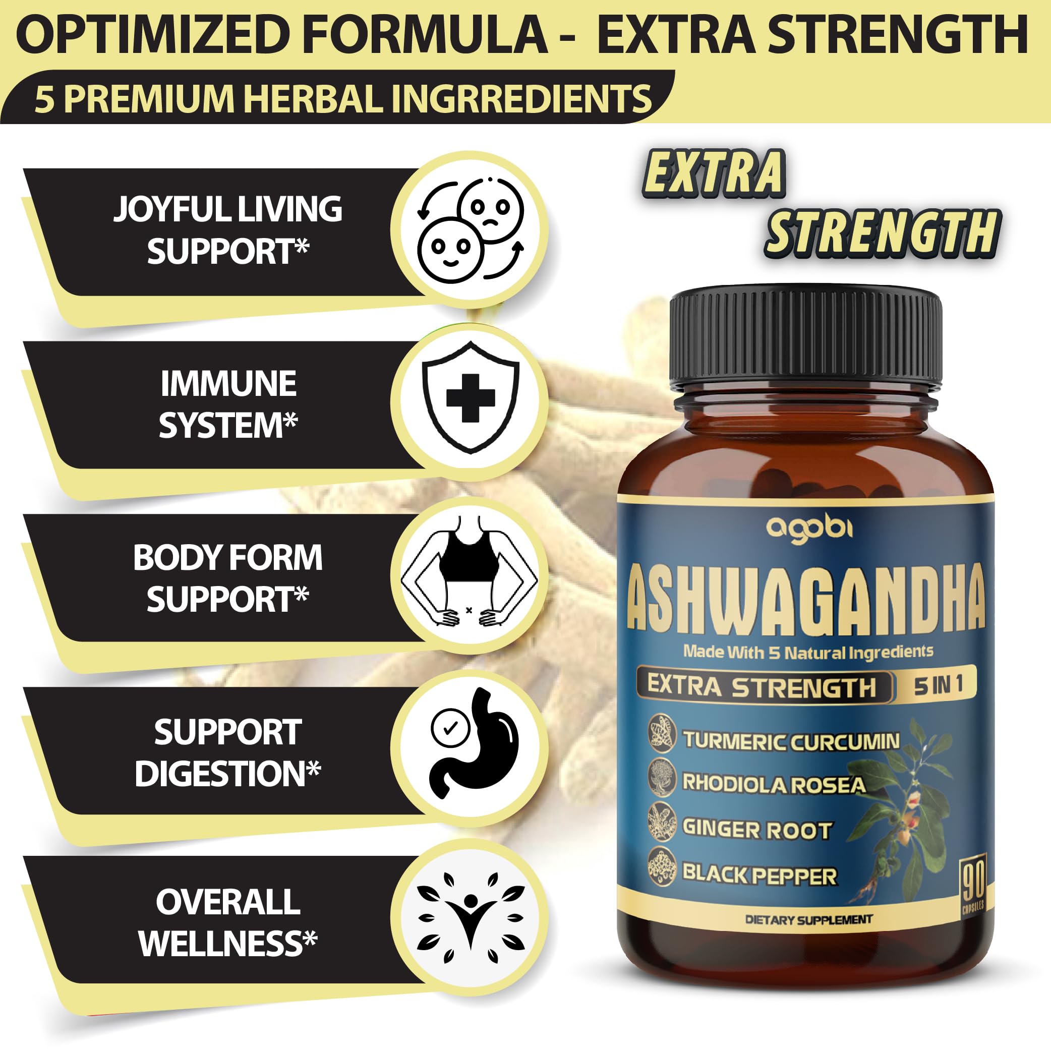 Agobi Ashwagandha extract capsules close-up showing ingredients and blends.