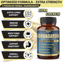 Agobi Ashwagandha extract capsules close-up showing ingredients and blends.