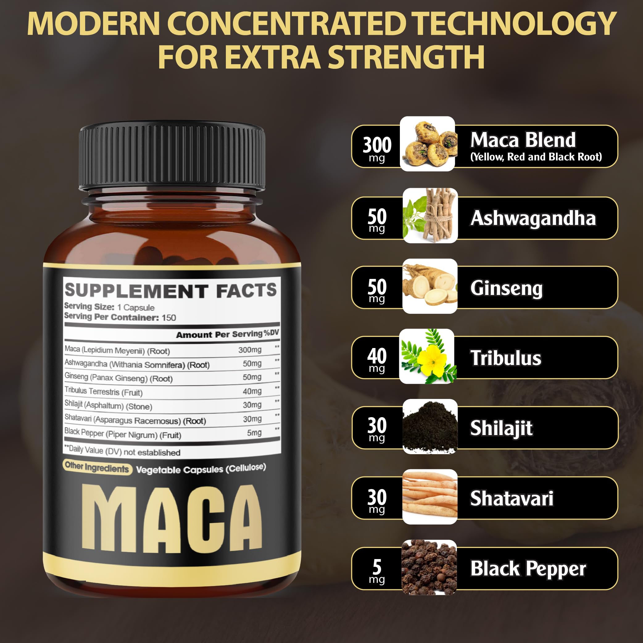 Agobi ashwagandha maca blend capsules on label promote balanced wellness.