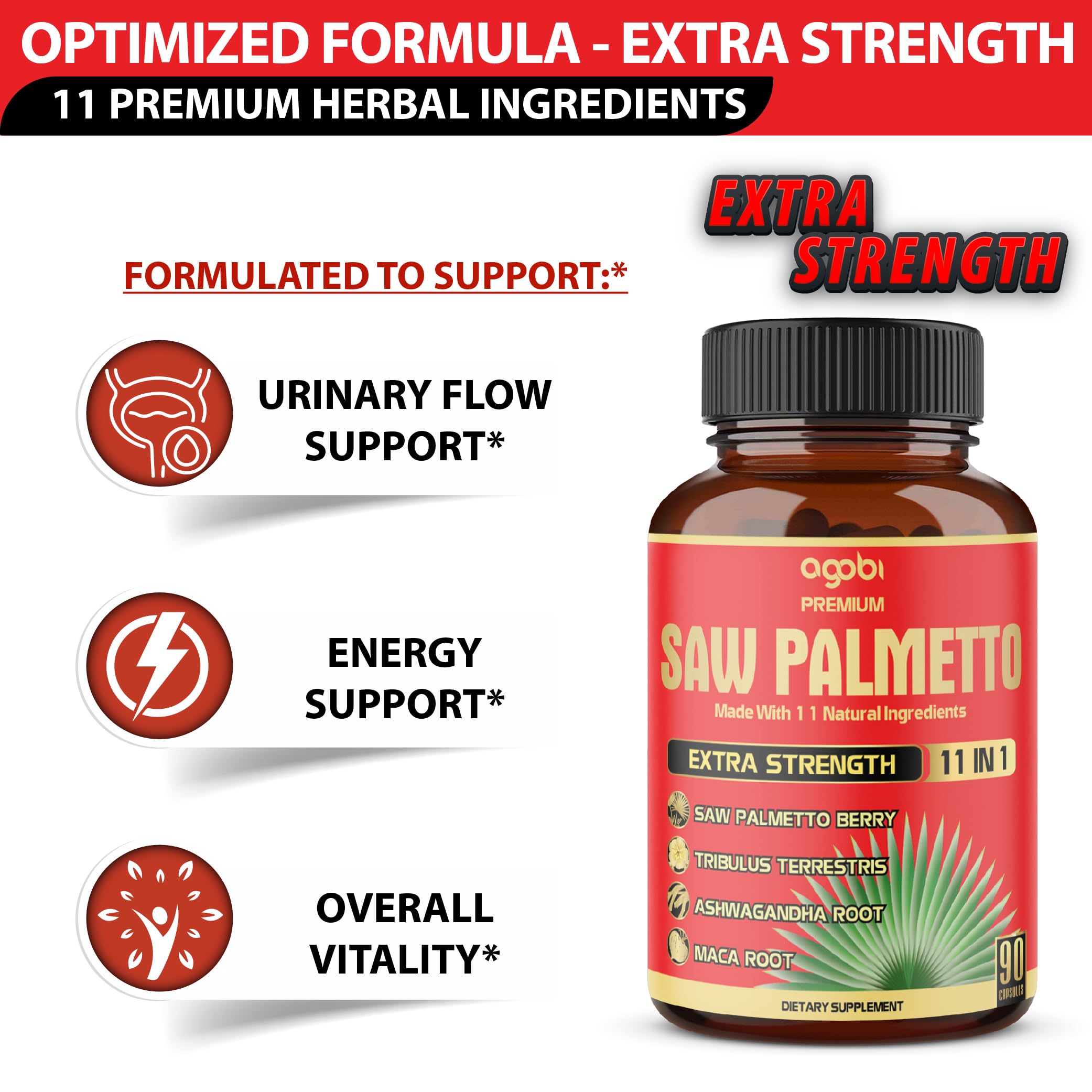 Agobi saw palmetto capsules with ashwagandha closeup shows adaptogenic ingredients.