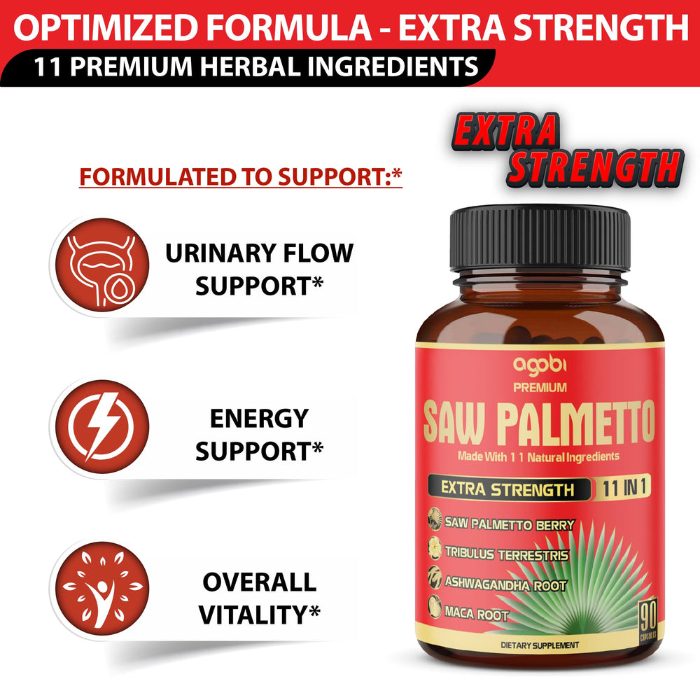 Agobi saw palmetto capsules with ashwagandha closeup shows adaptogenic ingredients.
