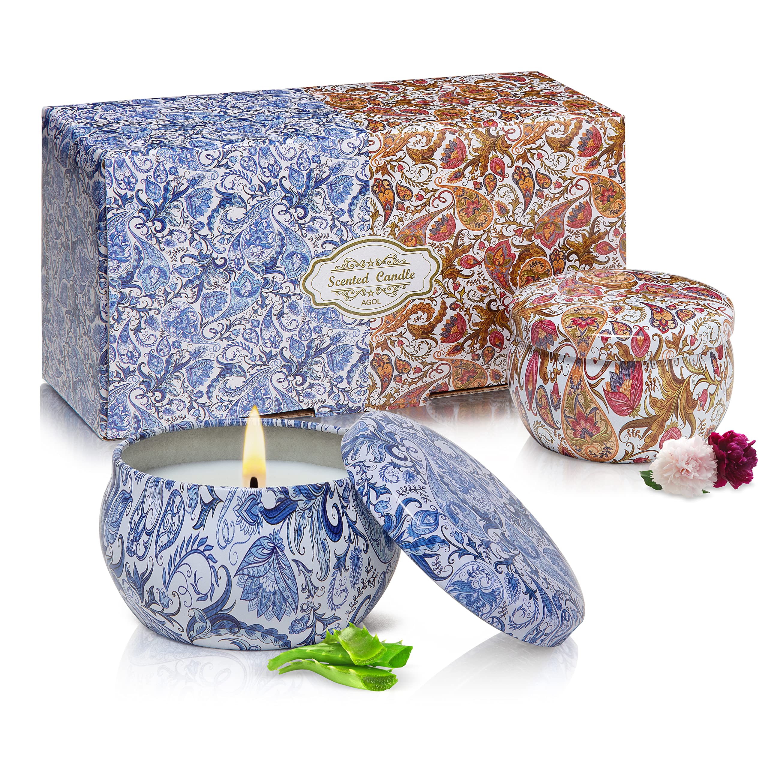 AGOL 2-pack scented candle tin on shelf releasing subtle floral aroma