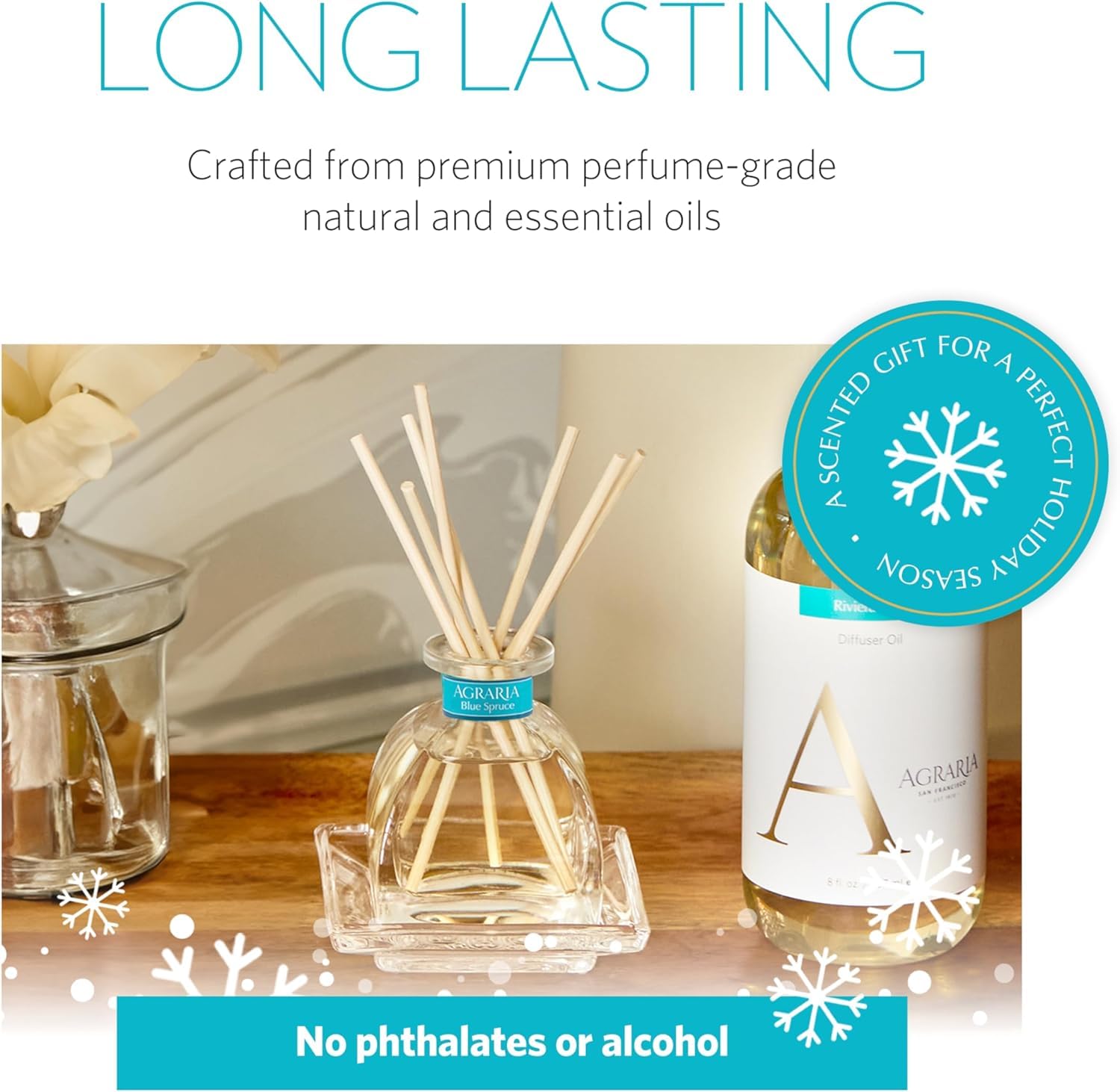 AGRARIA Blue Spruce PetiteEssence cotton wick detail suggests clean modern diffuser design.