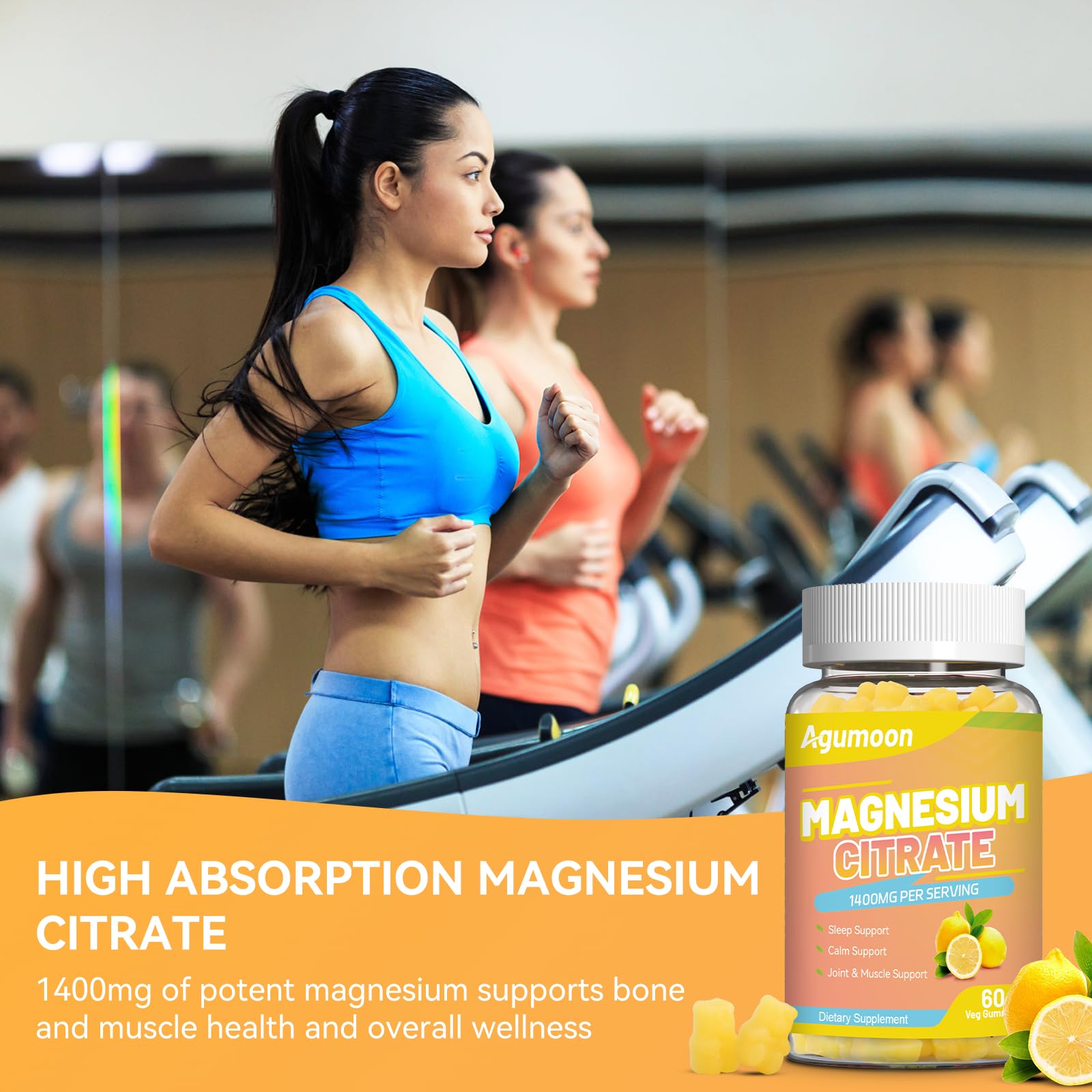 Agumoon 60-count pack on surface with glass: easy bedside or daytime use.