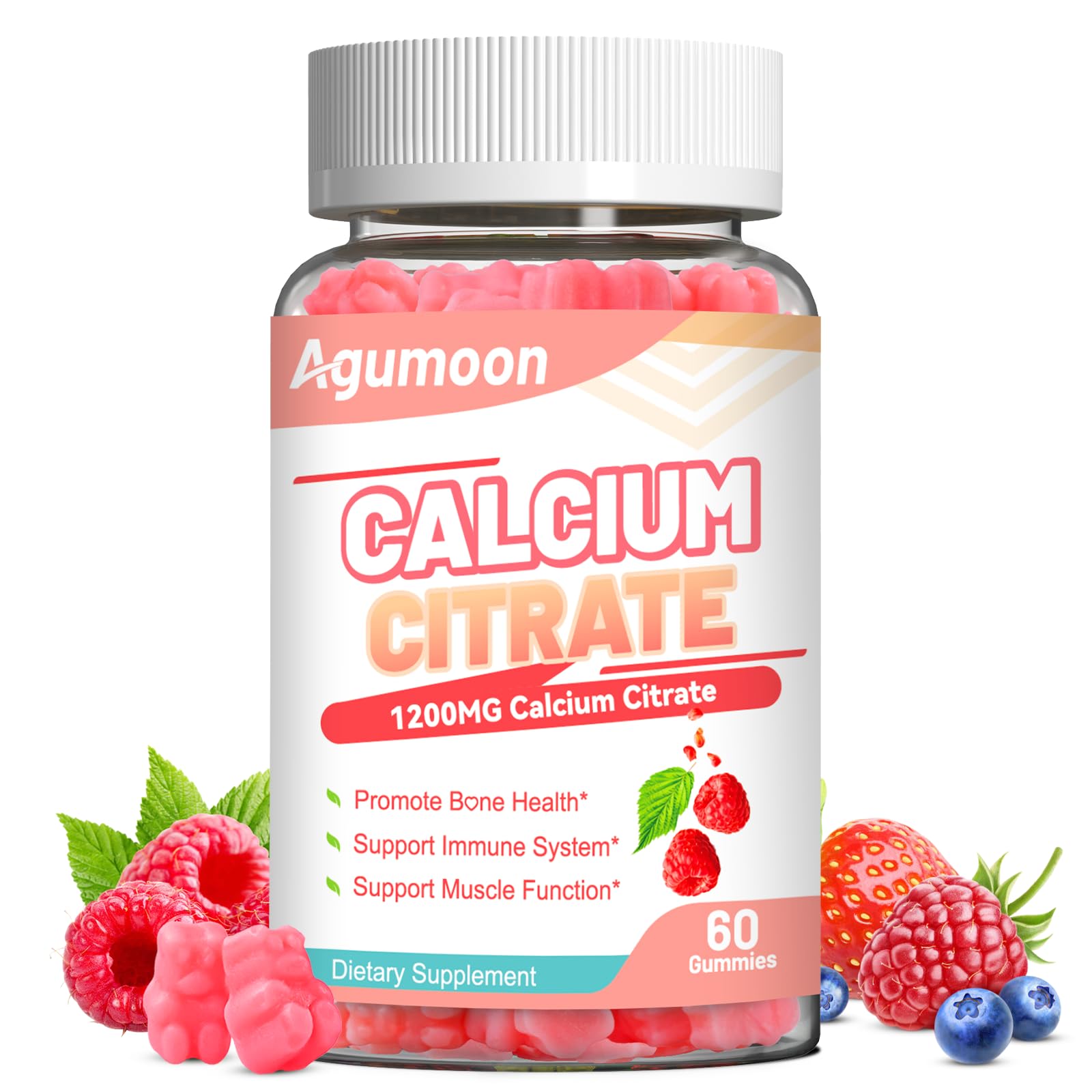 Agumoon calcium citrate gummies bottle showing 60-count supply for daily use