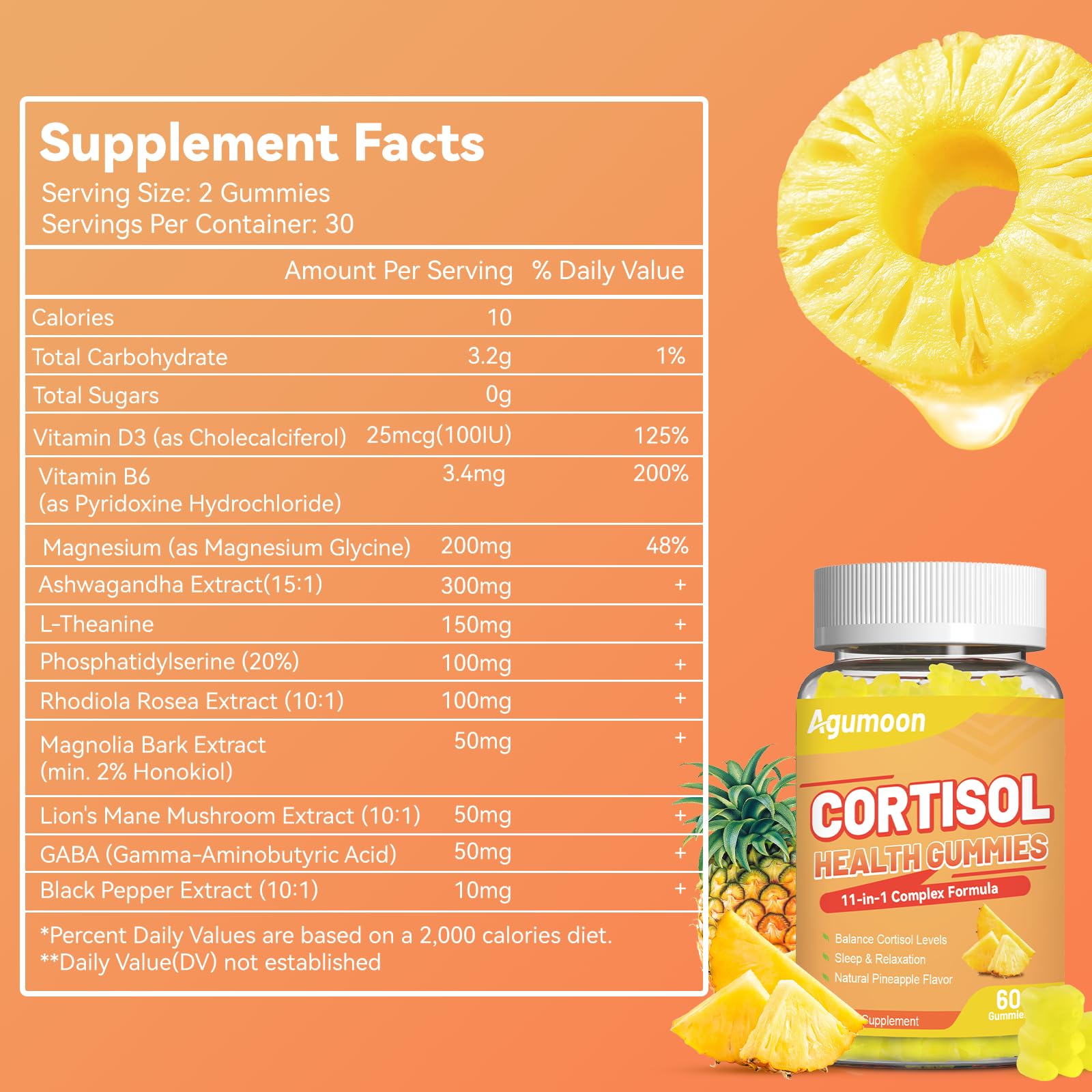 Agumoon Cortisol Gummies bottle back showing ingredients and daily routine use