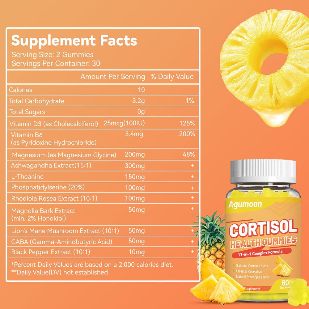 Agumoon Cortisol Gummies bottle back showing ingredients and daily routine use