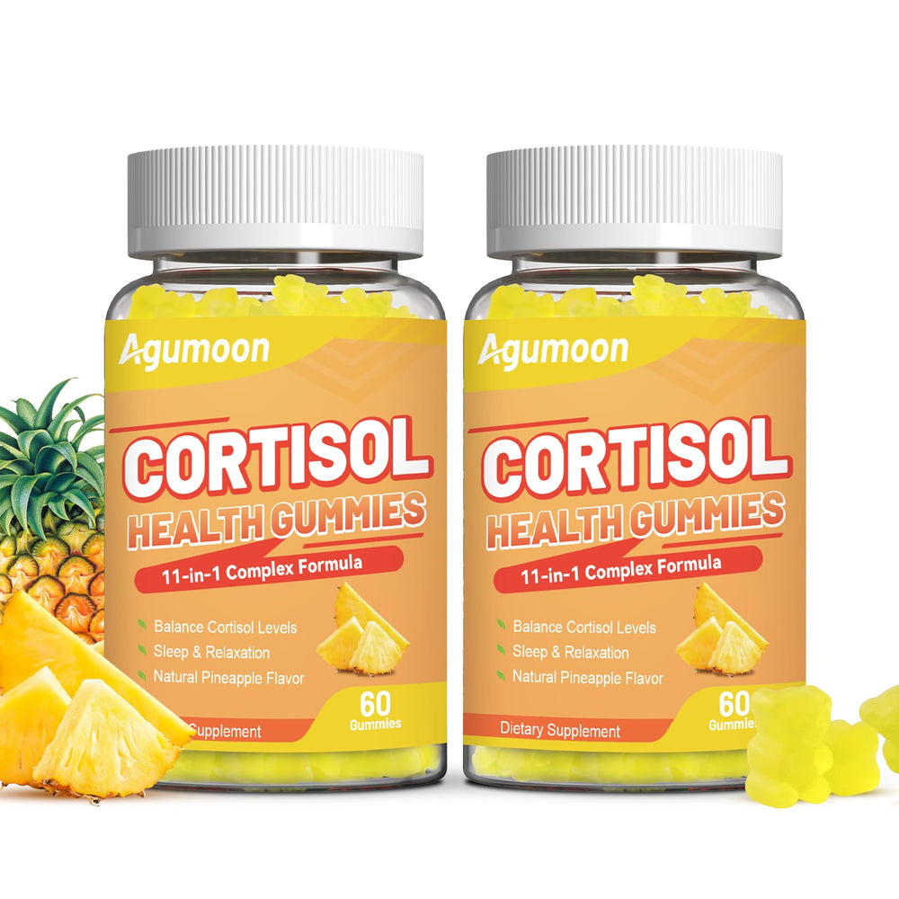 Agumoon Cortisol Gummies bottle front with pineapple flavor and daily calm potential