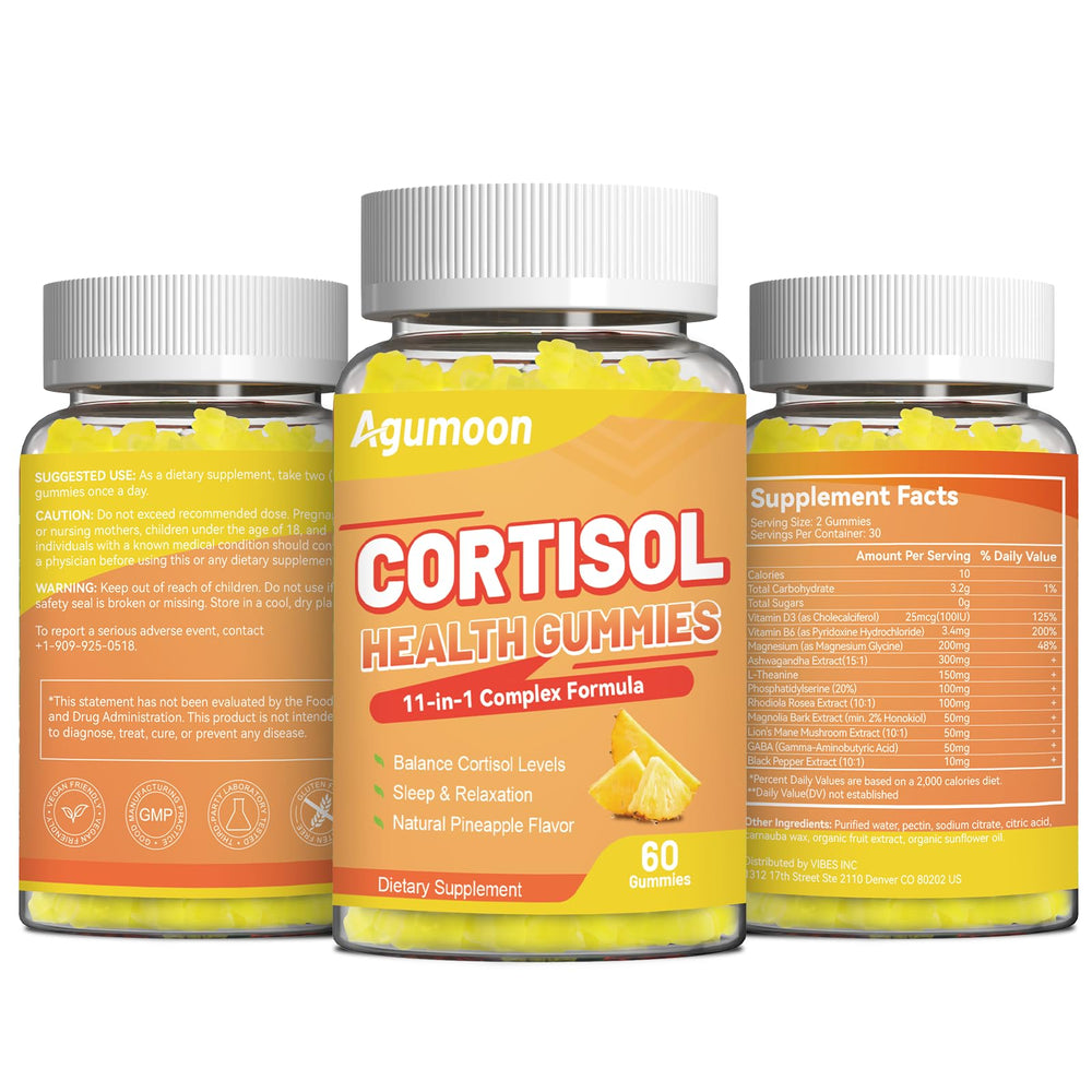 Agumoon Cortisol Gummies pineapple snack on countertop promoting a relaxed routine