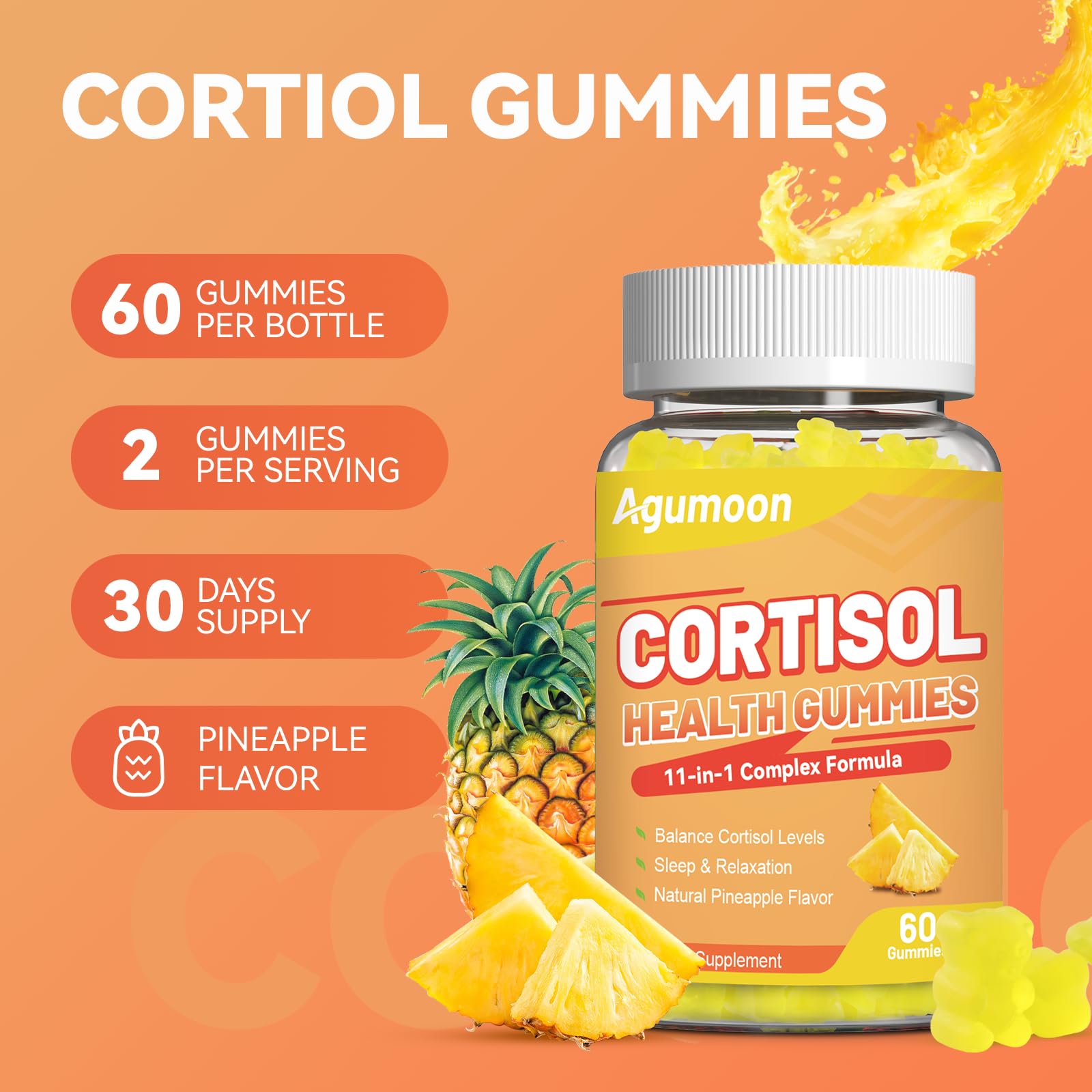 Agumoon Cortisol Gummies closeup of gummies texture and chewability