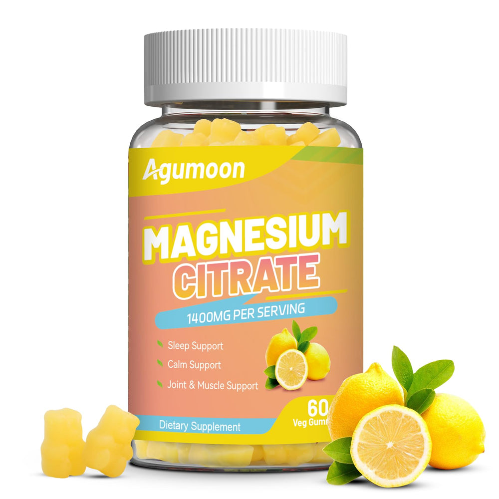 Agumoon magnesium citrate gummies lemon bottle: high-absorption formula supports relaxation and daily wellness.