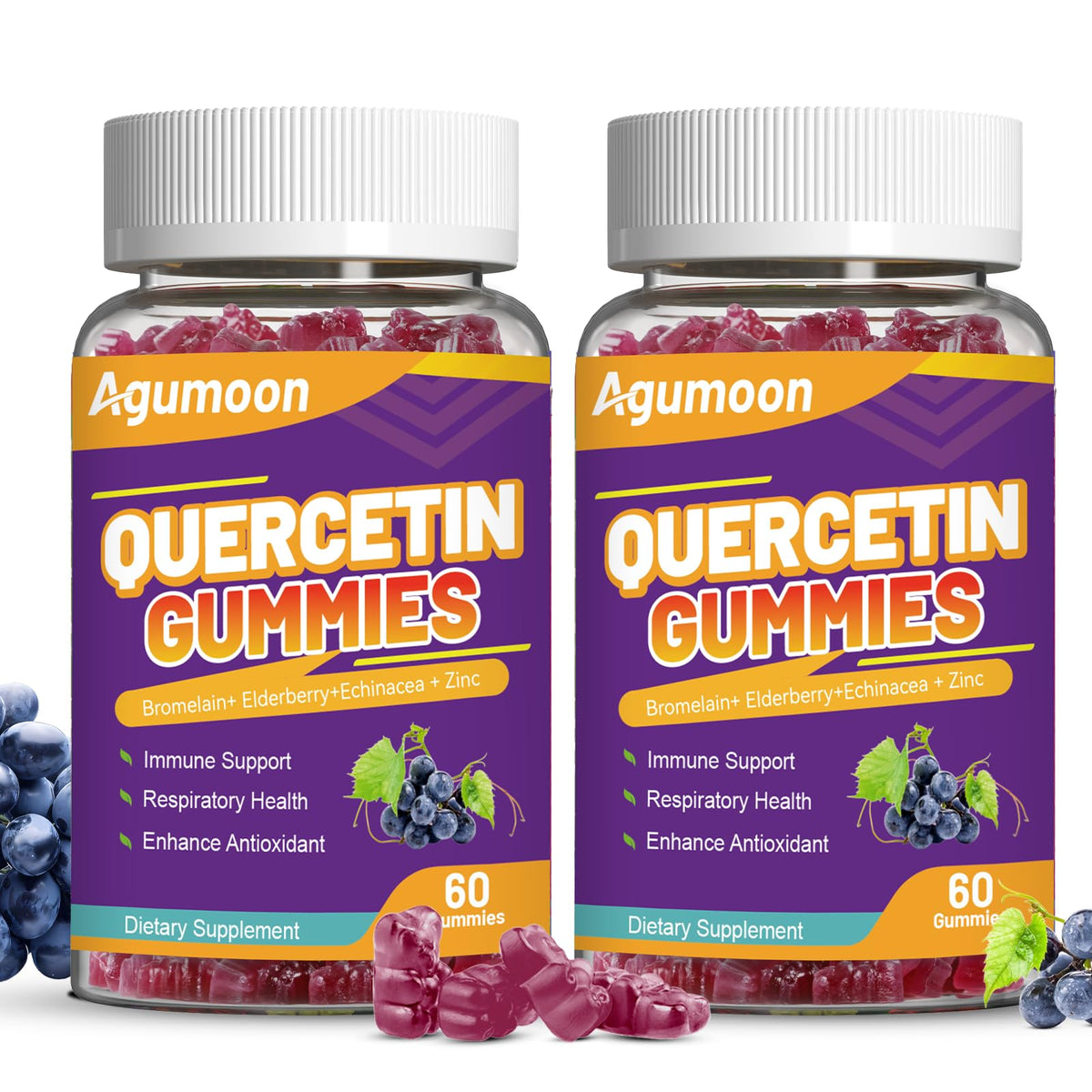 Agumoon 2-pack quercetin gummies front view for effortless daily immune support.
