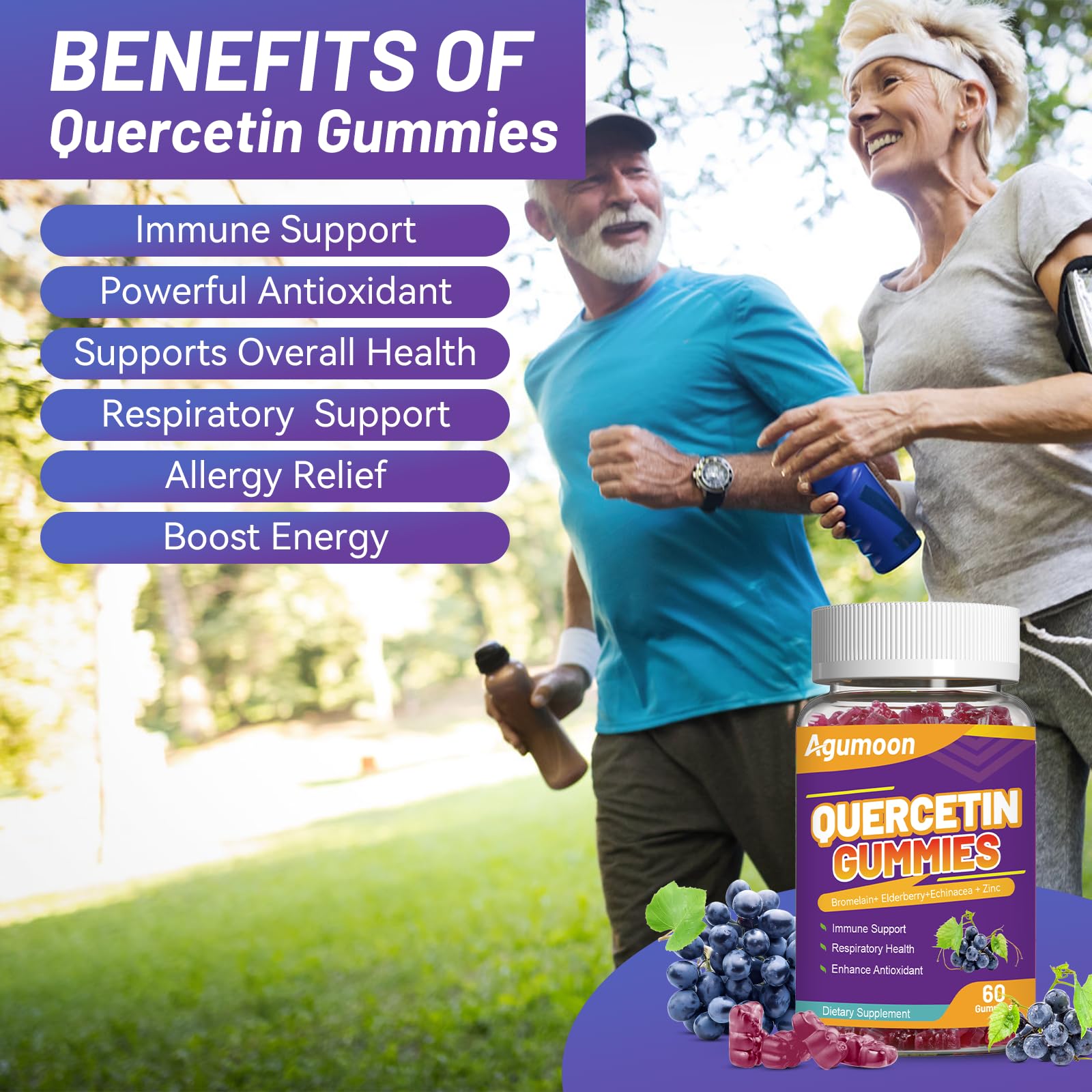 Agumoon quercetin gummies dosage guide showing two gummies per day.