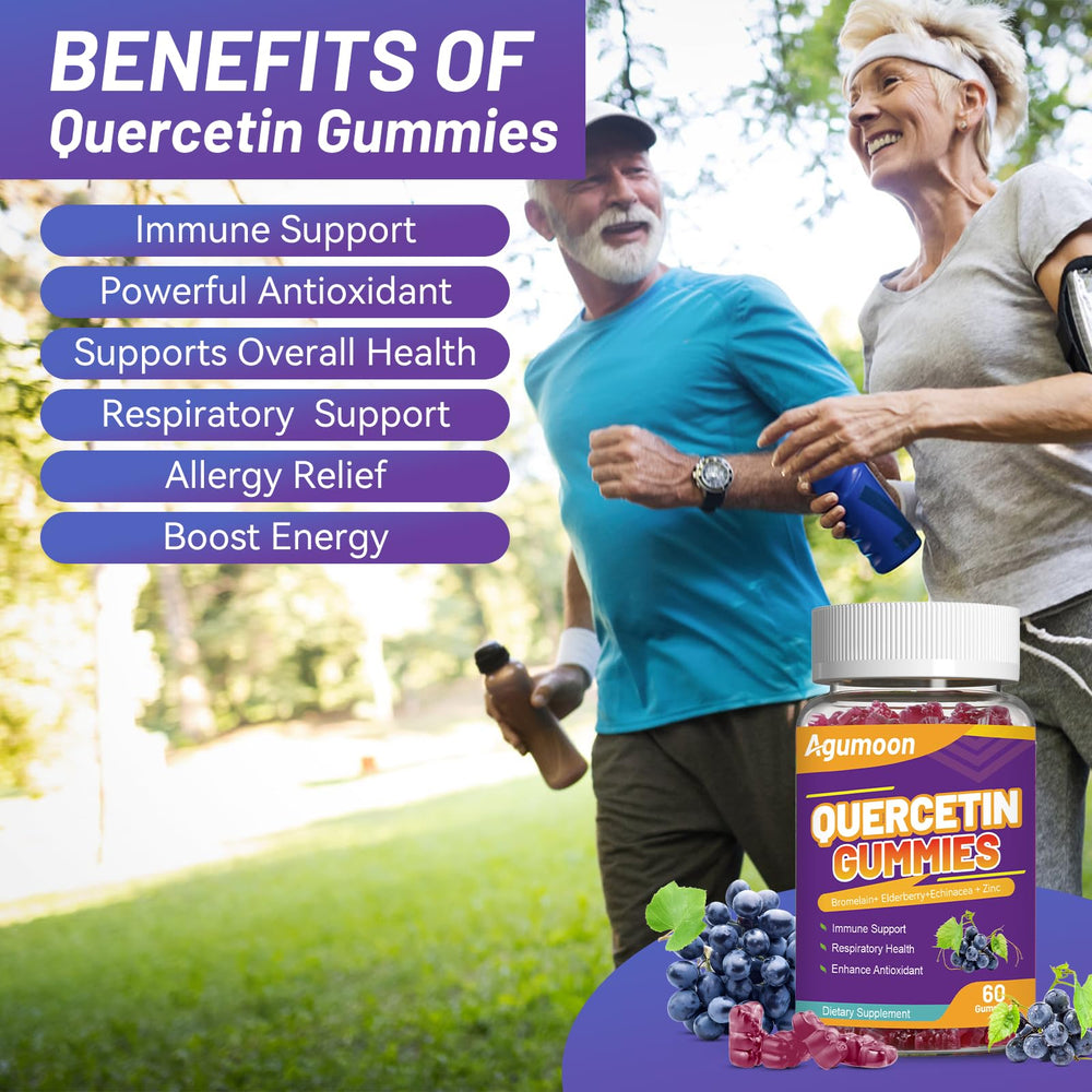 Agumoon quercetin gummies dosage guide showing two gummies per day.