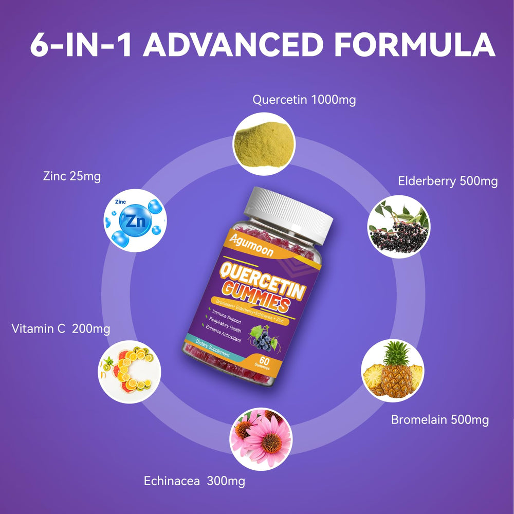 Agumoon quercetin gummies foil packaging for freshness and secure seal.